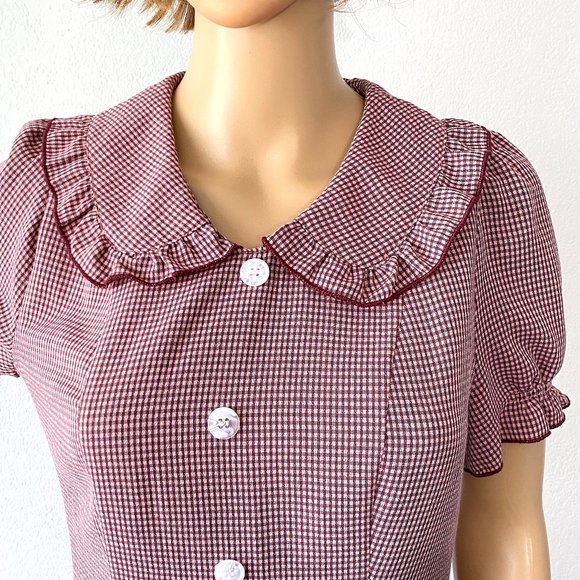 Gingham Checked Mini-Dress Ruffled Collar ALLEGRA K Grunge Twee Petite XS to S - Picture 2 of 9